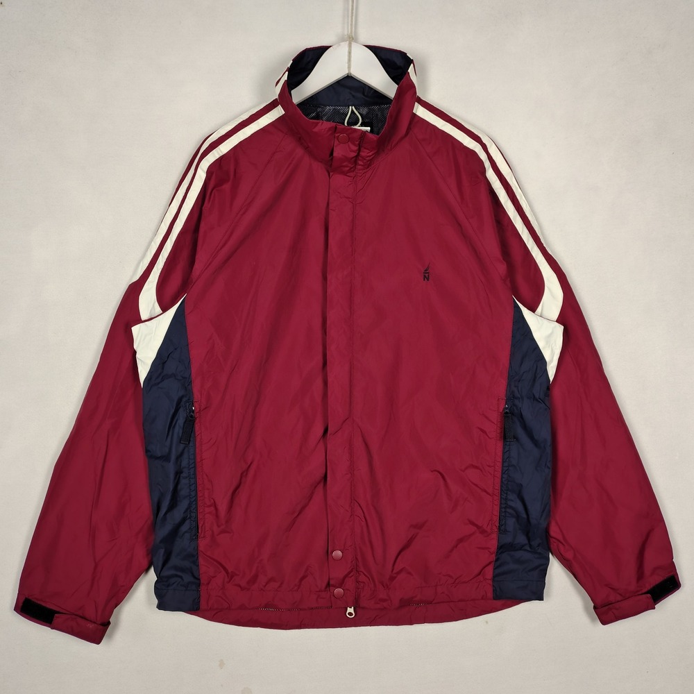Nautica Mens Windbreaker Jacket Burgundy Navy Colorblock Vintage Style, Size L